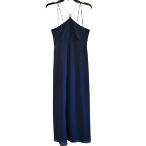 Vintage 90s All That Jazz Navy Blue Sequin Beaded Halter Full Length Dress